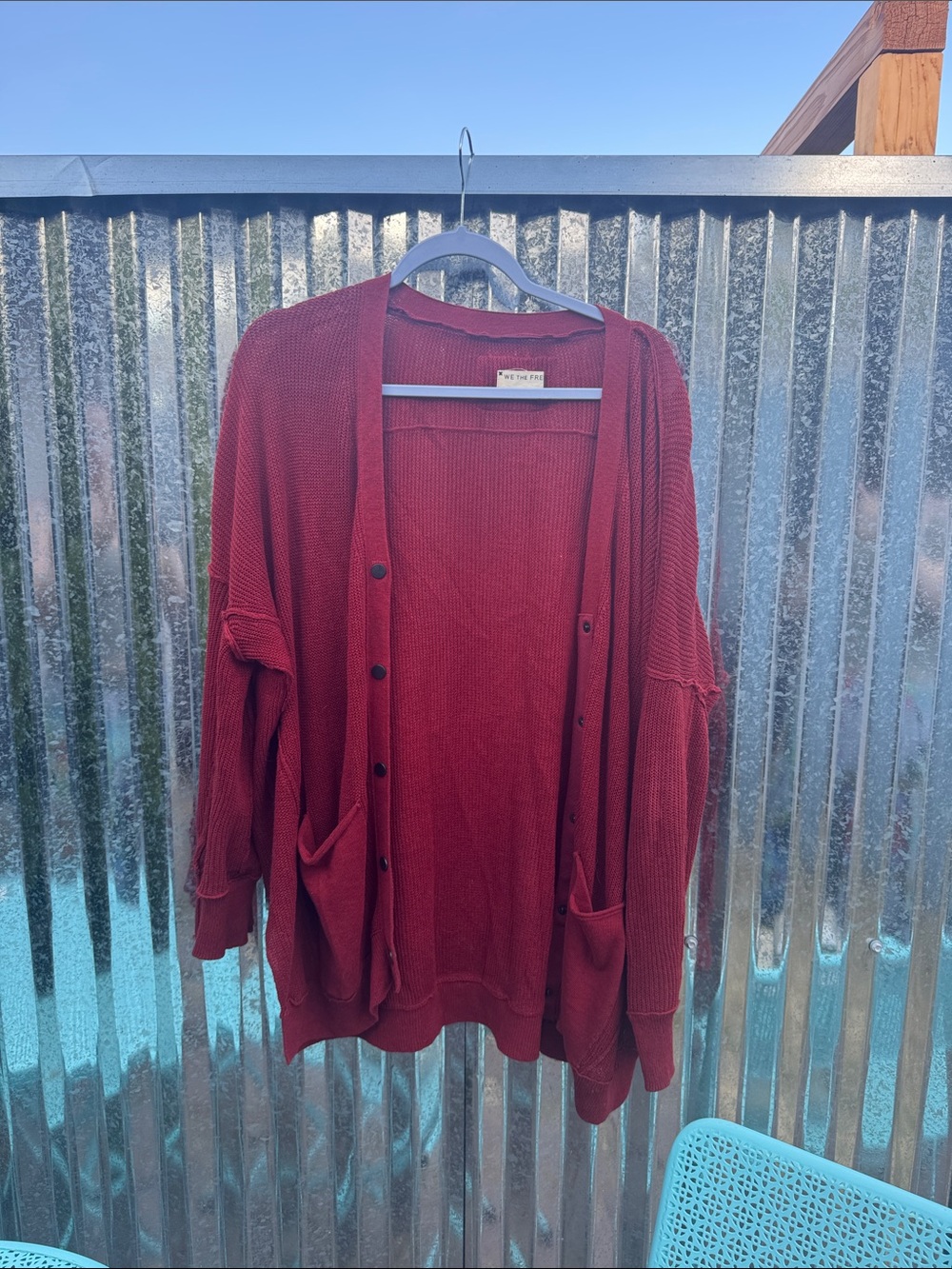 We The Free Ribbed Button-Up Chunky Cardigan in Deep Red